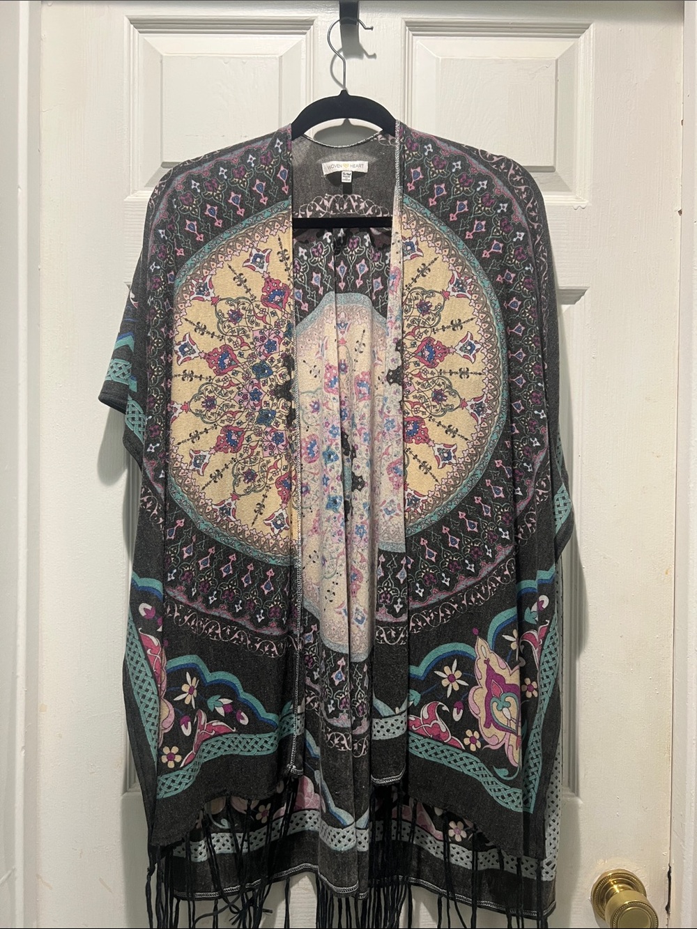 Woven Heart Gray Duster with Teal, Pink & Cream Medallion